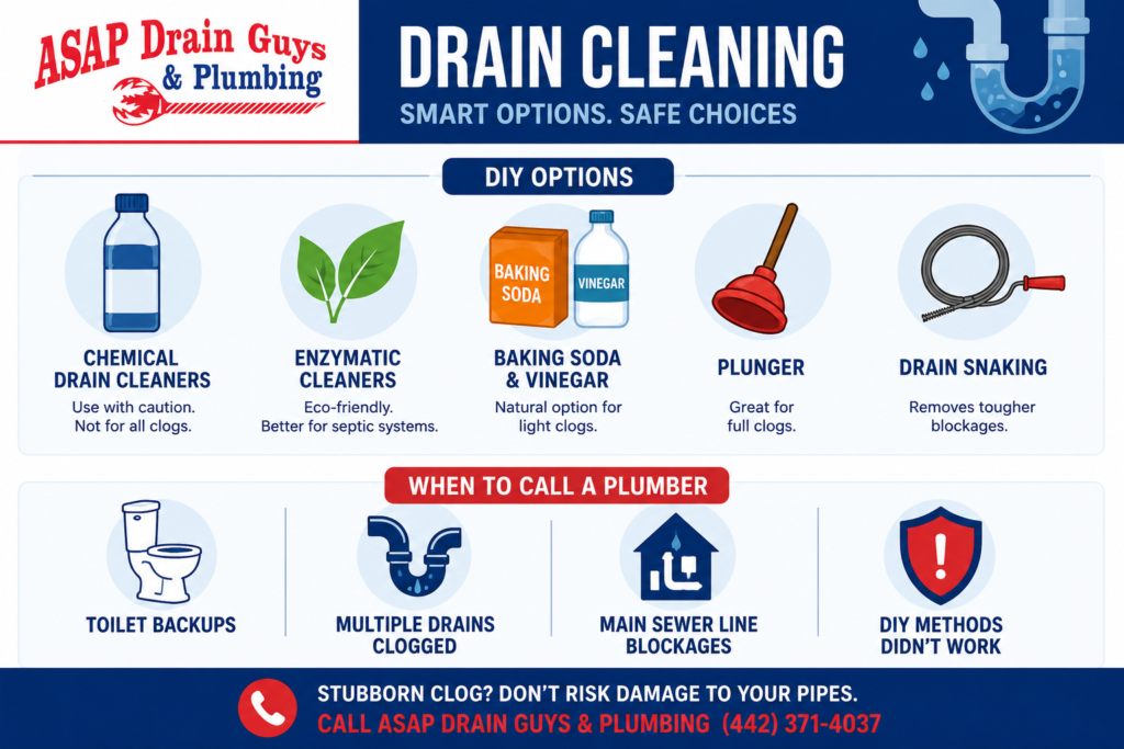 Infographic for ASAP Drain Guys & Plumbing showing DIY drain cleaning options, recommended drain cleaners, when to call a plumber, and contact info for clogged drains. Includes icons and brief descriptions for each method.